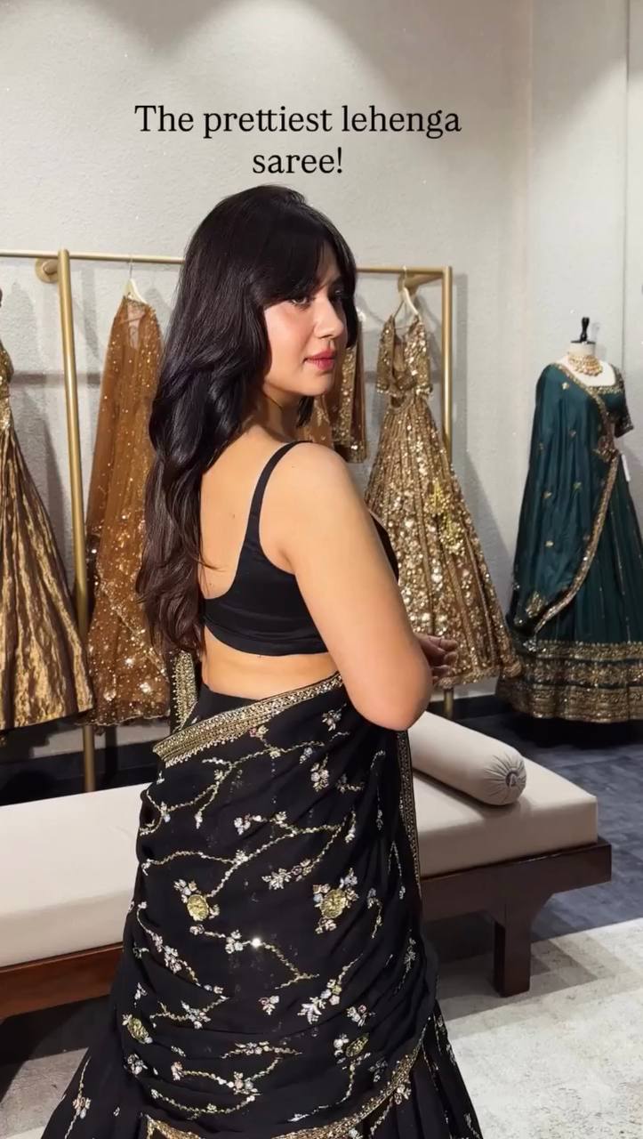 Midnight Black Georgette Lehenga Choli Adorned with Delicate Silver Floral Vine Embroidery and Scalloped Borders